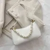 Shopping Bags New Braided Strap Shoulder Fashion Pearl Handbags Solid Underarm for Women Pu Leather Lady Hand 220315