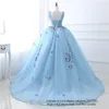 Quinceanera Dresses 2021 Light Blue Princess Butterfly Appliques V-Neck Party Prom Formal Tulle Lace Up Ball Gown Vestidos De 15 Anos Q19