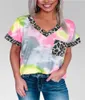 Mulheres Casual Tie-Dye T Shirt Verão Leopardo Patchwork V Neck Manga Curta Tops camisetas Camisetas Femininas Verano Mujer 2020 Y0629