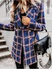 Kvinnorsullblandningar Cashmere Trench Jacket Tweed Coat Vinter Vintage Casual Plaid Woolen Kvinnor Lattice Långärmad kostym Krage Dubbel Bre