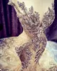 Champanhe sereia vestidos de casamento vestidos de noiva luxo contas de cristal lantejoulas rendas varredura trem imagem real sheer boné manga robe de 1734
