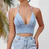 Jocoo Jole Kvinnor Vintage Beach Deep V-Neck Halter Strap Sommar Backless Off Shoulder Sexig Solid Denim Tank Top Party Club 210619