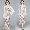 Verão Bordado Vestido Mulheres Runway Manga Square Collar Patchwork Mesh Floral Midi Vestidos Vestidos Robe Femm 210506