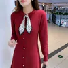 Outono e inverno Coréia Mulheres elegante joelho-comprimento vestido laço gravata senhora senhora knit casual manga longa vestidos 210506