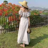 Ordifree 2021 Verano Boho Mujeres Sexy Maxi DrWhite Lace Ruffle Vocación Vestido largo de playa X0621