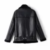 빈티지 숙녀 벨트 재킷 겨울 여성 PU 가죽 코트 패션 여성 모피 칼라 자켓 GILRS 검은 따뜻한 코트 210427