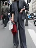 韓国のカジュアルレディーススーツ緩んだ固形灰色のシンプルなブレザードレススタイリッシュなジャッカドナパーティー女性パンツスーツ大規模mm60ntz女性2 pi