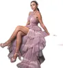 Rosa abgestuftes Tüll-Abschlussballkleid High Low 2022 Neckholder Promi-Abendkleider nach Maß robe de soiré de mariage