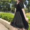 일본 하라주 쿠 여름 여자 검은 미니 드레스 스퀘어 칼라 하이 허리 퍼프 슬리브 드레스 고딕 레이스 주름 코스프레 드레스 210401