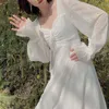 Robes décontractées blanc princesse élégant fée robe femmes coréen à manches longues en mousseline de soie Vintage Midi automne 2021 taille haute vêtements