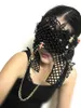 Black White Pearl Beading Veil Mask Bar Nightclub Party Show Women Masked Singer Props Halloween Cosplay Cat Masks Accessories