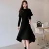 Autumn Winter Ruffles Mermaid Maxi Sweater Women Sexy Off Shoulder Camel Black Elegant Female A-line Long Midi Knit Dress 210416