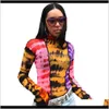 & Womens Clothing Apparel Drop Delivery 2021 Summer Women Print T-Shirt Mesh Material Ruffles Turtleneck Full Sleeve Crop Top Female Casual T