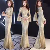 Elegant African Long Sleeves Lace Mermaid Evening Dresses 2021 Aso Ebi Long Sleeves Gold Beaded Prom Gowns Robe De Soiree LJ201224