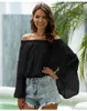 Één schouder chiffon blouse vrouwen zomer flare mouw top herfst ruches effen kleur casual losse slash nek sheer gaas T-shirt