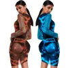 Sheer Mesh Tie Dye Sexy Ruched Body-con Mini Dress Femmes À Manches Longues O Cou Imprimer Cordon Tight Party Night Club Robes Décontractées