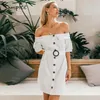 Women off shoulder summer Sexy solid single breasted mini Streetwear lady chic cotton straight office dress 210414