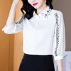 Fashion Women's Shirt Embroidery Blouses for Women White Satin s Polo Neck Office Lady Blouse Tops Female Woman Basic 210604