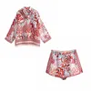 ZXQJ Vintage Frauen Red Peahen Print Shorts Anzug Sommer Mode Damen Lose Satin Boho Zwei Stück Set Mädchen Chic Shirts Sets 210721