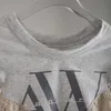 VGH Elegante Patchwork T Shirt Frauen O Hals Kurzarm Asymmetrische Hit Farbe Drucken Spitze Up Unregelmäßige Saum T-shirts Weibliche 210720