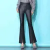 Black flare pu calças de couro estilo feminino outono inverno elástico cintura alta magro laço costura mulheres 108g 210420