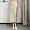 Ins Moda Vintage Abertura Design Pacote Hip Skirt Mulheres Cintura Alta Sólida Linho Meio-Comprimento Lápis Verão 210427
