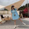 4XL Plus Size Fashion mini robe Chic Blue Floral Doll Dress Cute Puff Sleeve Casual Loose Platycodon First Love Mori Series 210520