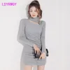 South Korea Korean version temperament repair height collar long-sleeved sexy pleated bag hip bottom dress girl 210416