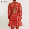 Floral imprimé Mini robe femmes Sexy dos nu élégant rose à manches longues à volants bal fête été plage robe courte Vestido 210630