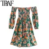 Women Chic Fashion Elastic Smocked Floral Print Mini Dress Vintage Slash Neck Long Sleeve Female Dresses Mujer 210507