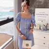 Dabuwawa Exclusive Vintage Blue Square Neck Summer Dress Women Puff Sleeve Single Breasted A-Line Party Dresses Ladies DO1BDR040 210520