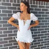 Lace up embriodery blanc robe d'été femmes évider plage robe courte manches bouffantes à volants froncé moulante mini robe vestidos 210415
