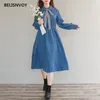 Mulheres outono inverno galduroy vestido de mangas compridas giro colarinho fita sólida vintage romântico camisa midi 210520