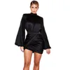 Casual Dresses Sexy Women Summer Party Club Fold Elastic Mini Dress Black High Neck Puff Sleeve Ruched Satin Bodycon Black/White