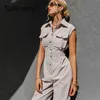 Sollinarry Retro sleeveless high waist slim woman overalls Cool ankle banded jumpsuit romper Pockets grey spring summer playsuit 210709