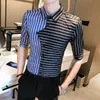 LoldealTopkvalitet vårrandiga skjortor för män Mode Patchwork Design Business Arbetsskjorta Halvärmad Slim Fit Smoking Herr Casual
