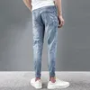 Ebaihui homens estilo empresarial primavera verão novo jeans para homens coreano na moda slim nove centavos calças lazer solto pequeno pés de cintura baixa macho preto calças azuis