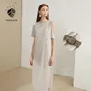 FANSILANEN Cold shoulder elegant t shirt long dress Women button belt summer office Female loose vintage sexy 210607