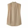 Dorywczo Solidne Turtleneck Sleevless Za Kobiety Bluzka Topy Kobiet Chic Ramię Pad Khaki Powrót Zipper Summer Shirt Femme 210719