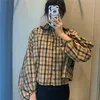 Za Plaid Ruffle Applique Shirt Kvinnor Long Puff Sleeve Tappning Kontrollera Blus Kvinna Chic Front Button Streetwear Casual Toppar 210602