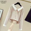 Höst Koreanska V-Neck Solid Kvinnor T-shirts Vintage Chiffon Blouse Långärmad Peter Pan Collar Beading Kläder Blusas 11143 210508