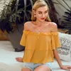 Sexy Off Shoulder Yellow Solid Blouse Shirt Dames Mode Vakantie Zomer Stijl Tops Strand Sweet Casual Cute Blusas 210414