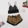 Sommar Kvinnors Pajamas Set V-Neck Sträcka Satin Nightie För Kvinnor Sexig Underkläder Sleepwear Leopard Nightwear Hemkläder Q0706