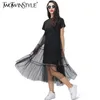 Summer Korean Splicing Pleated Tulle T shirt Dress Women Big Size Black Gray Color Clothes Fashion 210520