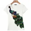 est Casual Summer Women T Shirt Peacock Paillette Stitchwork T-shirt Coton À Manches Courtes Grande Taille Cool Tshirt Marque Tops Tees 210623