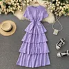 Singreiny Francês Ruffled Bolo Vestido Mulheres Coreano O Pescoço Manga Curta A-Linha Vestidos Verão Elegante Sólido Vestido de Praia 210419