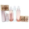 Opslagflessen Potten Rozenkwarts Roller Fles Roze Glas Essentiële Olie Natuurlijke Bamboe Deksel Patroon Kristal Edelsteen 10pcs257N