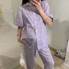 QWEEK Kore Homewear Kadın Kızlar Ekose Pijama Yaz Pijama Mor Pijamas Kısa Kollu Üst Ve Uzun Alt 2 Parça Set 210901