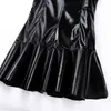 Womens Ladies Fashion Cocktail Party Dresses Wetlook Babydoll PU Leather High Collar Bottom Flare Mini Dress Dance Clubwear 210331