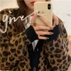 Корейский винтажный утолщение леопарда женщины кардиган пальто зима с длинным рукавом V-образным вырезом однобортный мода женская повседневная куртка 210513